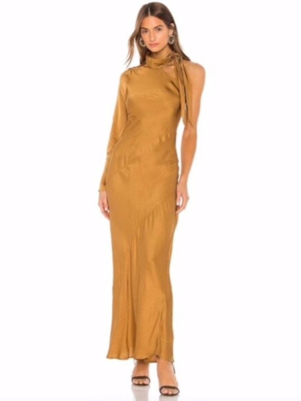Young Fabulous & Broke Febe Olive Bark (Dark Gold) One Shoulder Maxi Dress